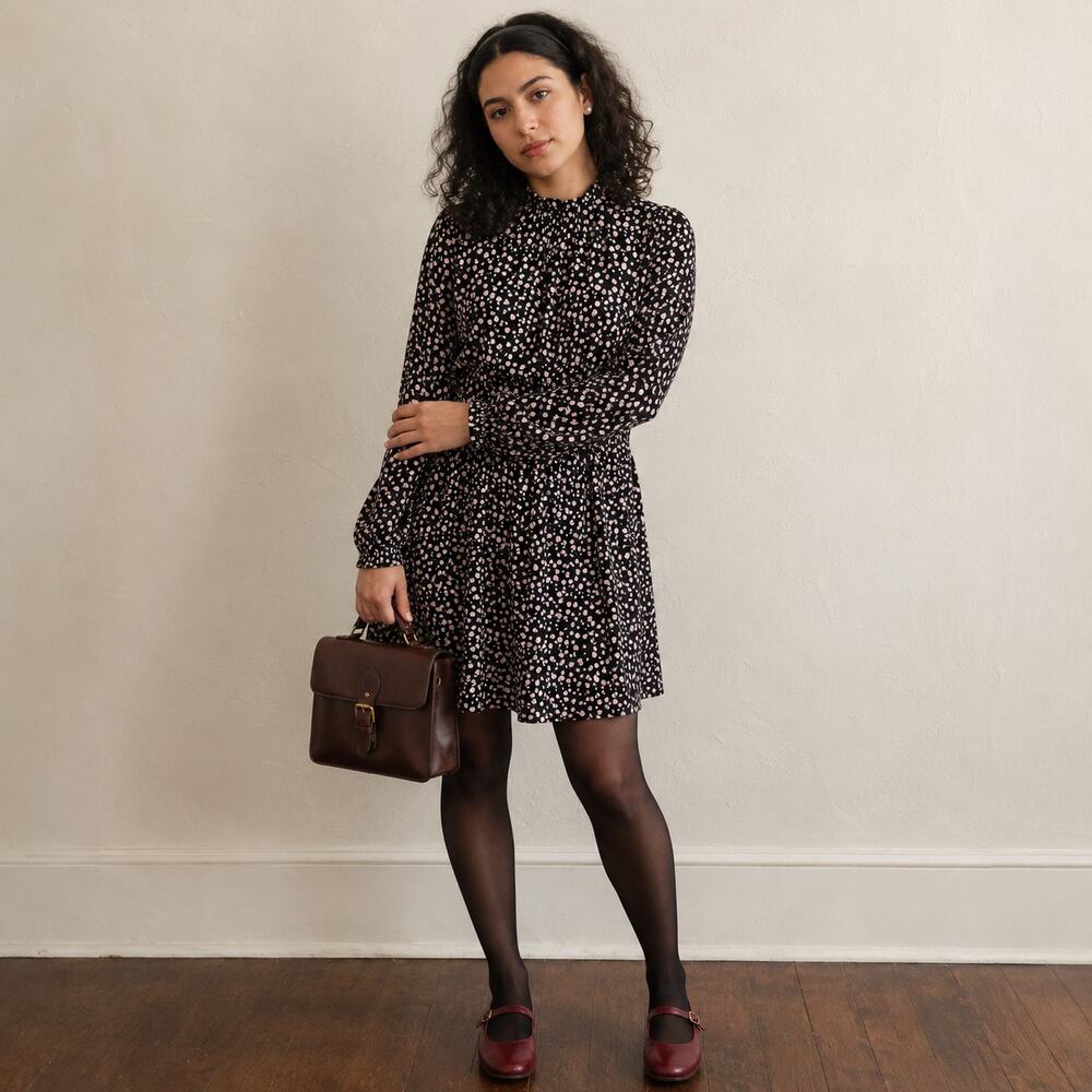 Boden Black Pink Floral Jersey Dress Ruffle Neck Keyhole Long Sleeve 8L